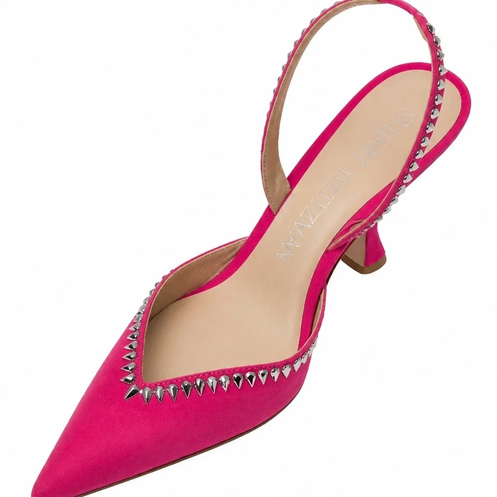 Stuart Weitzman Women’s Suede Pink Pointed Slingback Heels with Cristal Studs